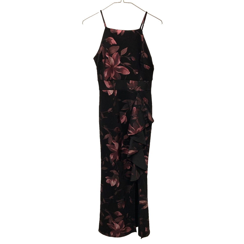 VTG Sweet Storm Black Floral Shimmery Maxi Dress Sz L Formal Halter Neck Ruffle